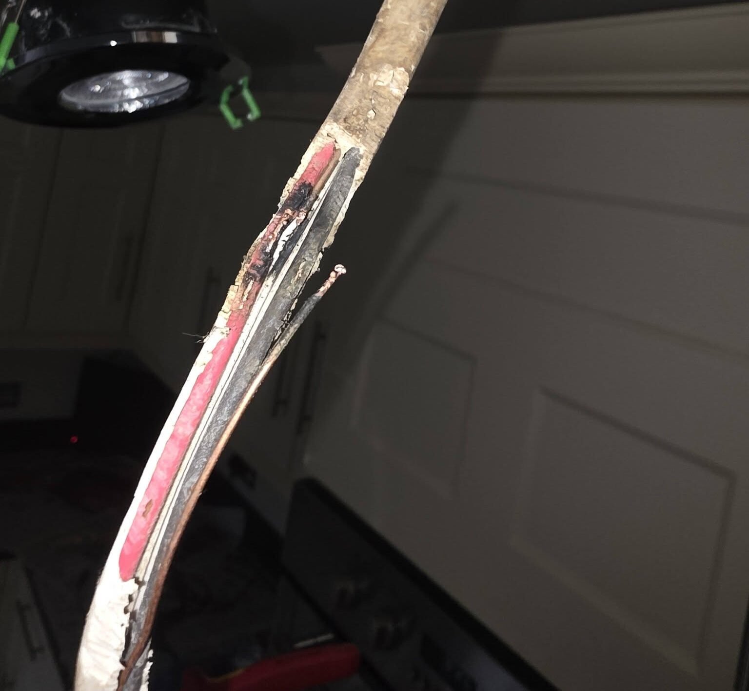 Rodent-damaged electrical cable with exposed conductors discovered during fault finding in Bletchley