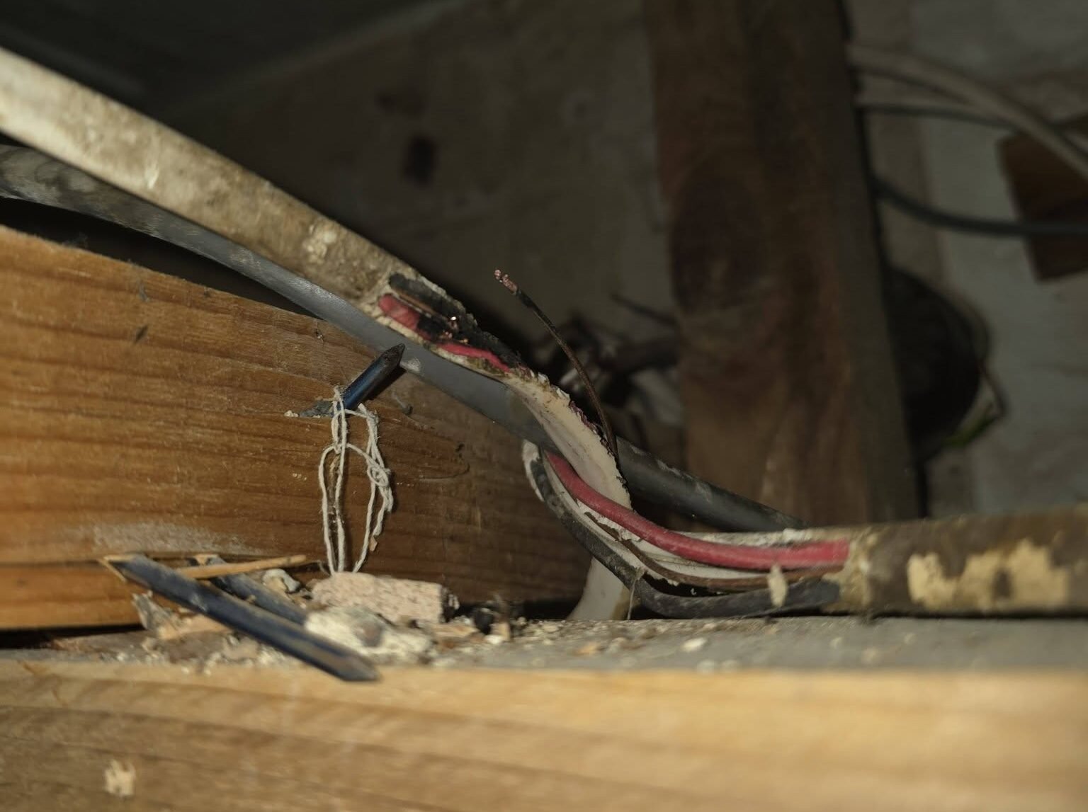 Damaged kitchen electrical wiring discovered in the ceiling void